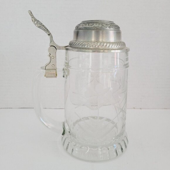 Vintage BFM-N West Germany Etched Crystal Clear Glass Beer Stein Pewter Lid - Picture 3 of 11